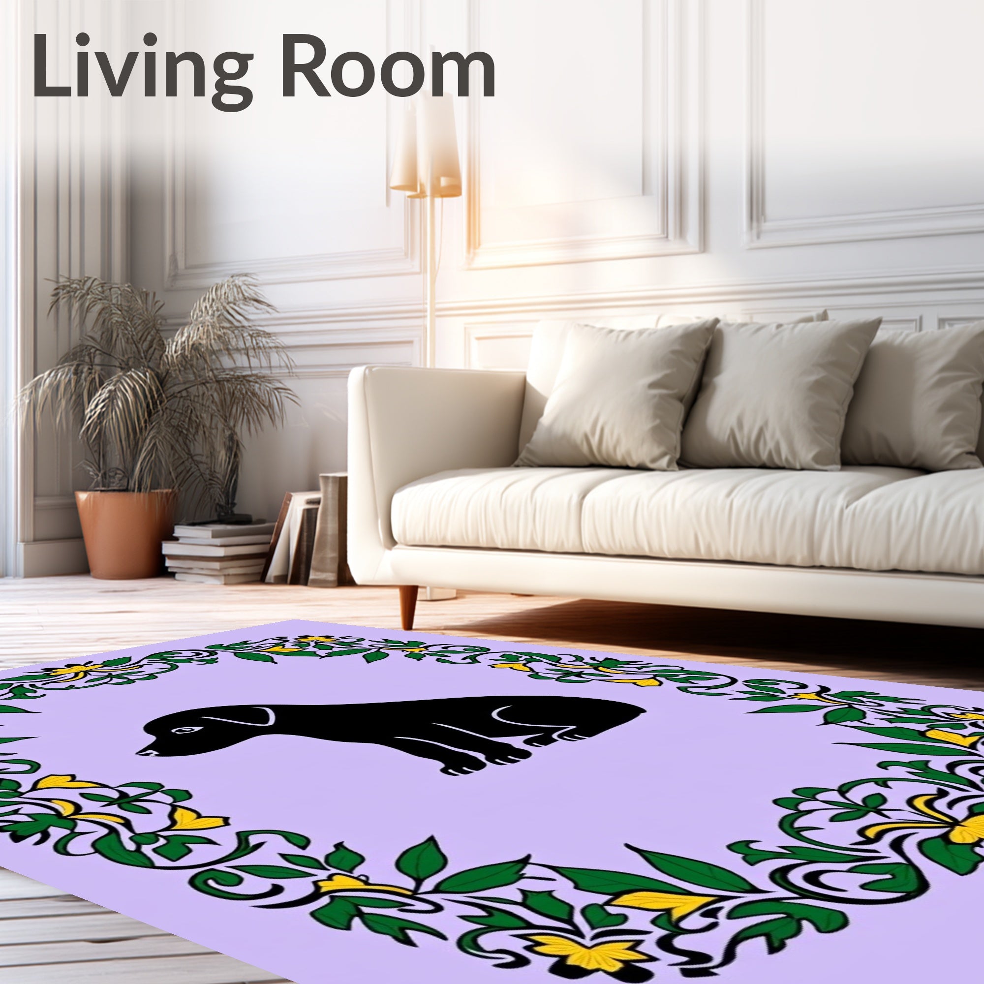 Black Puppy Garden Floral Garland Rug