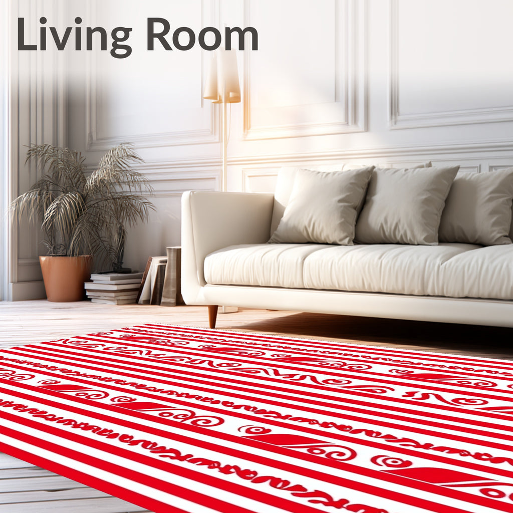 Red White Vertical Stripe Swirl Rug
