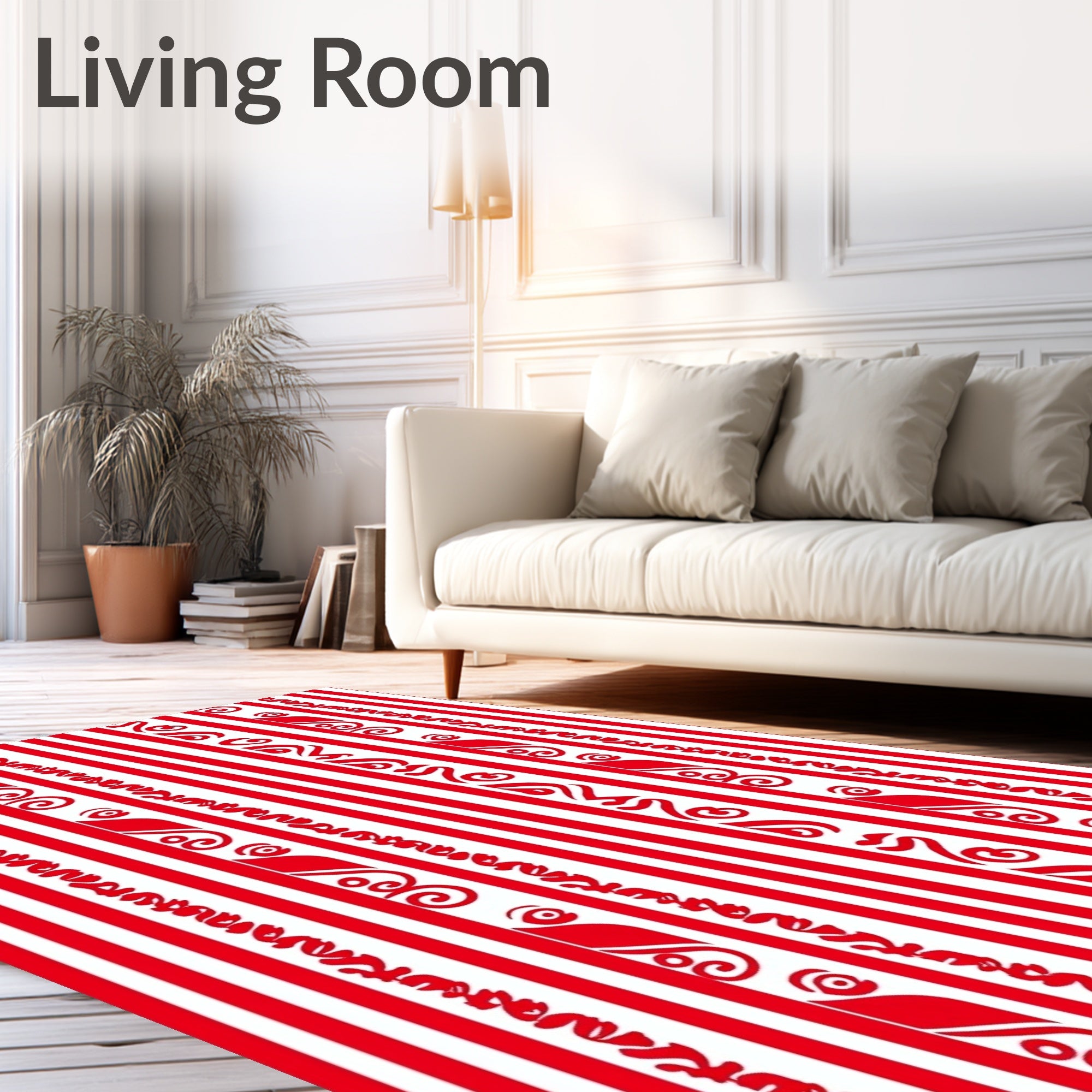 Red White Vertical Stripe Swirl Rug