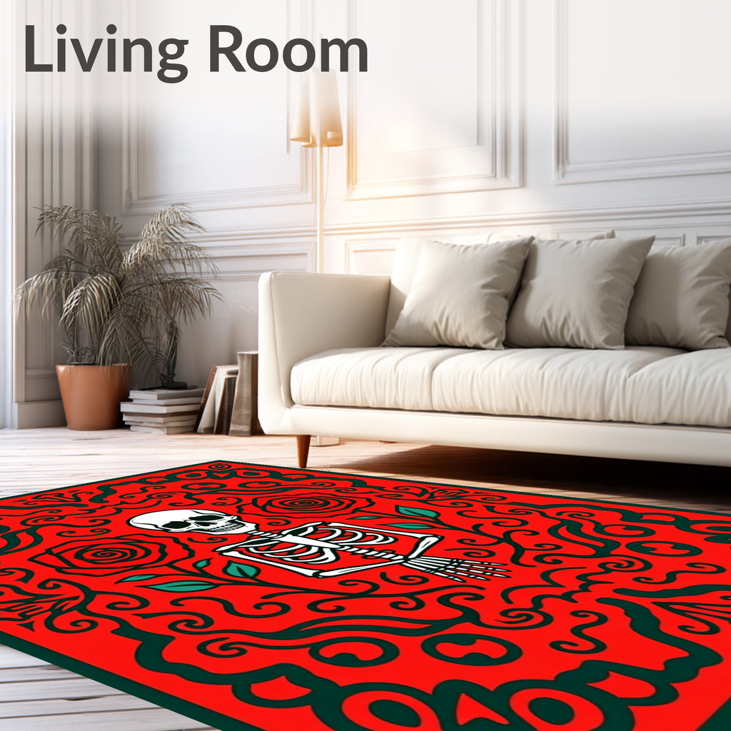 Crimson Skeleton Rose Swirls Rug
