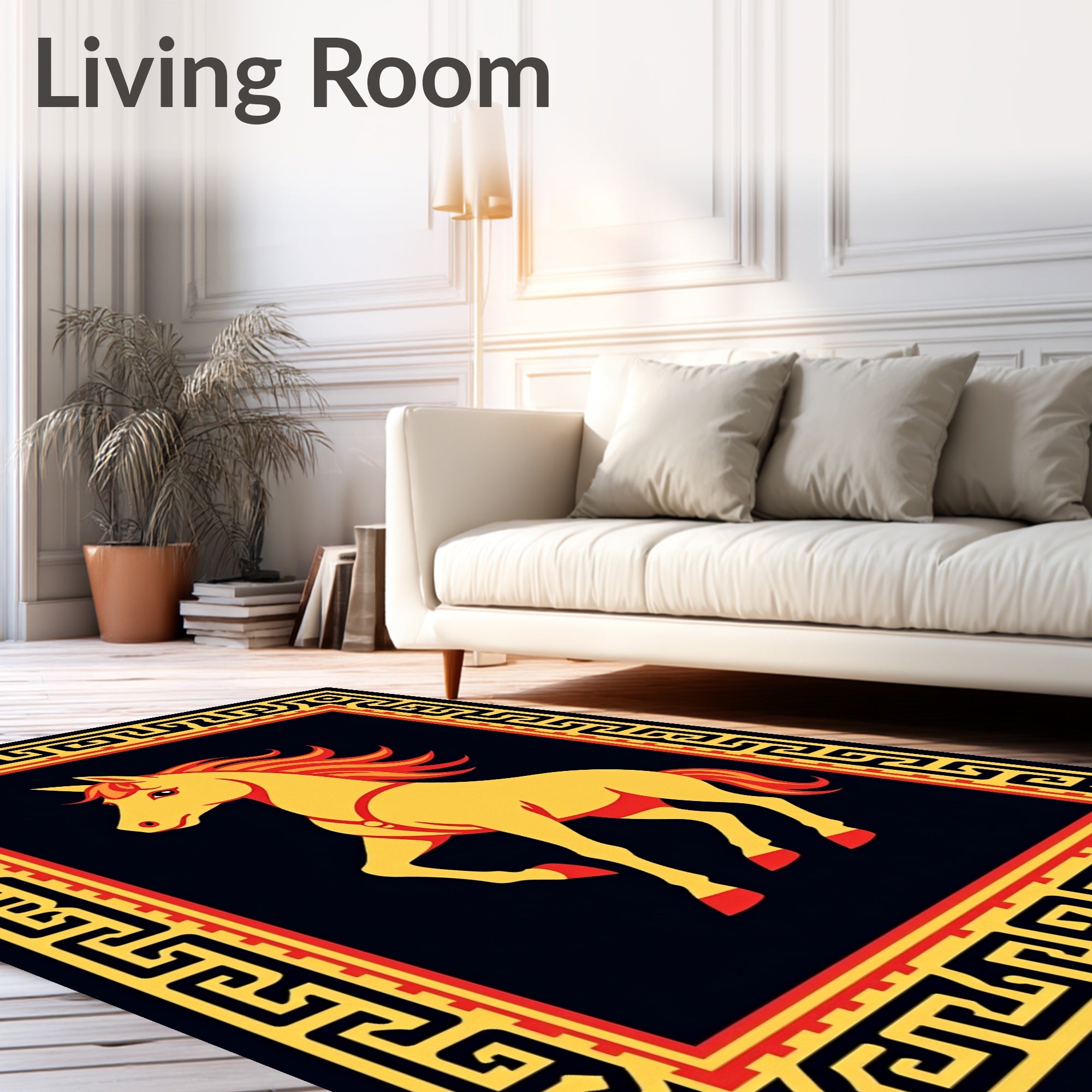 Majestic Golden Horse Red Border Rug