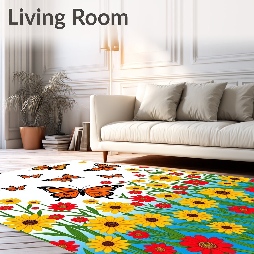 Orange Monarch Butterflies Yellow Red Flowers Rug