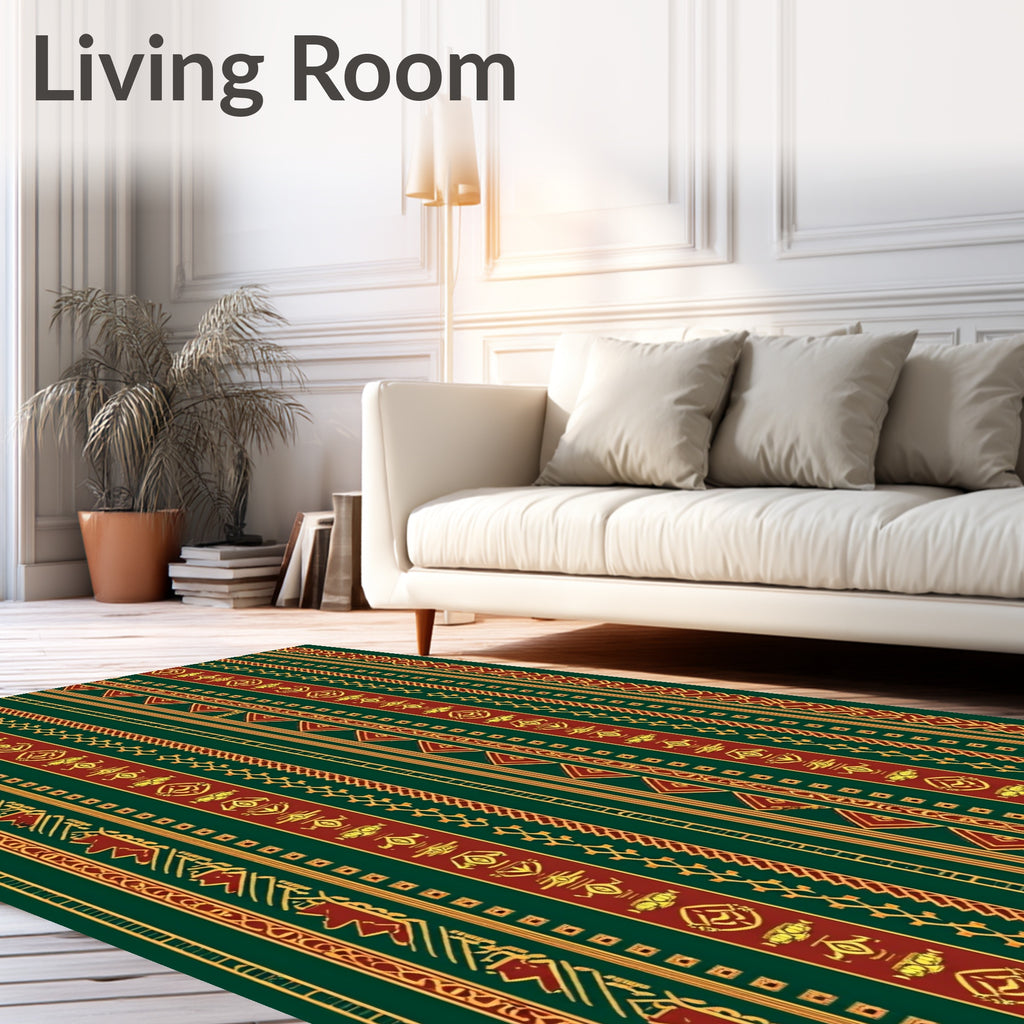 Deep Green Crimson Yellow Tribal Stripe Rug