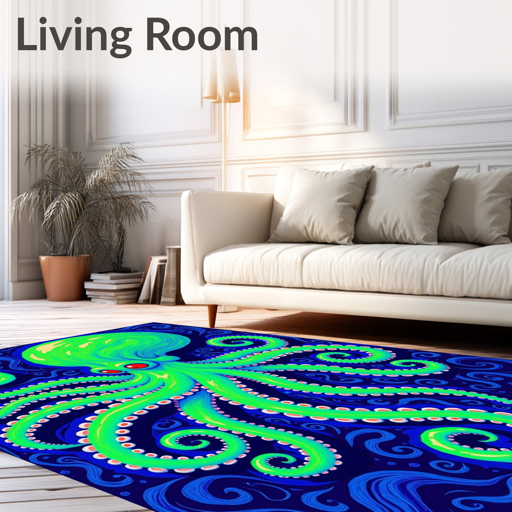 Vibrant Green Octopus Blue Swirls Rug