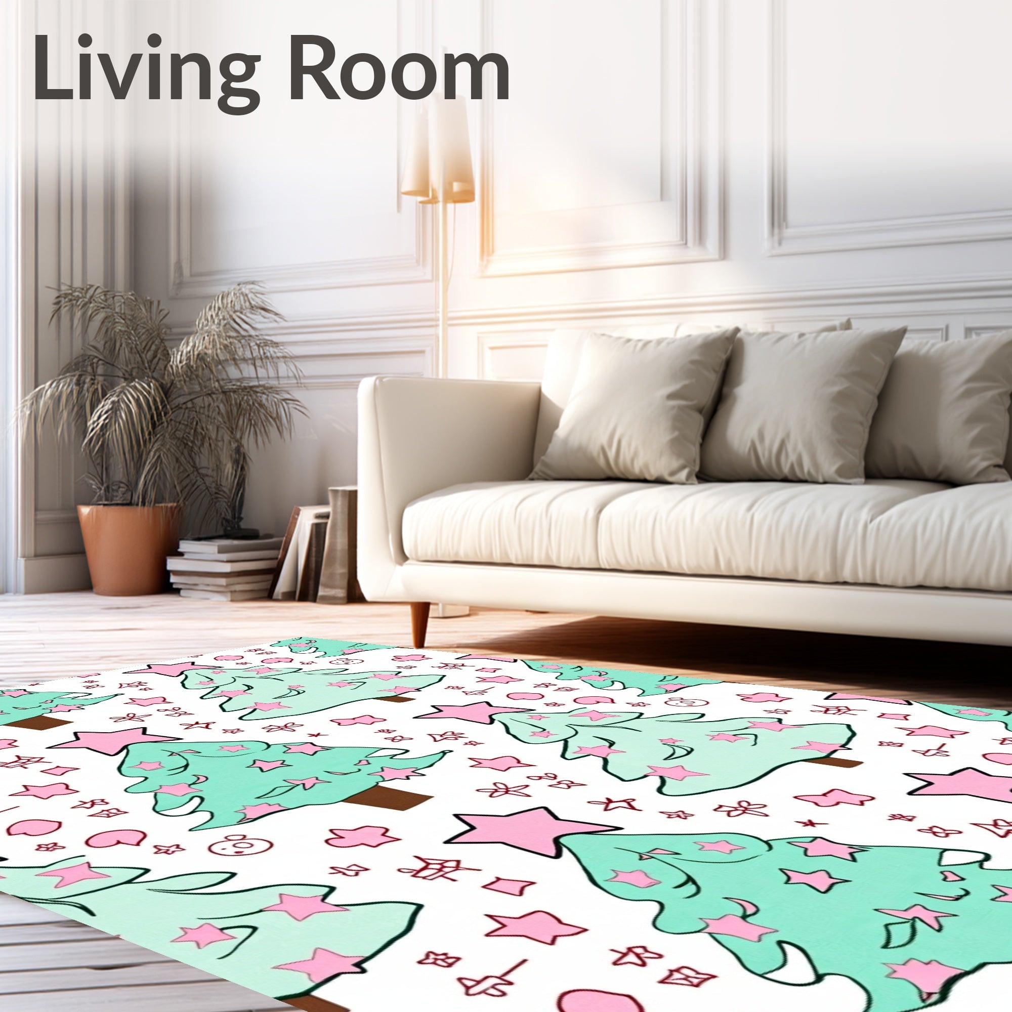 Festive Mint Christmas Trees Pink Stars Rug
