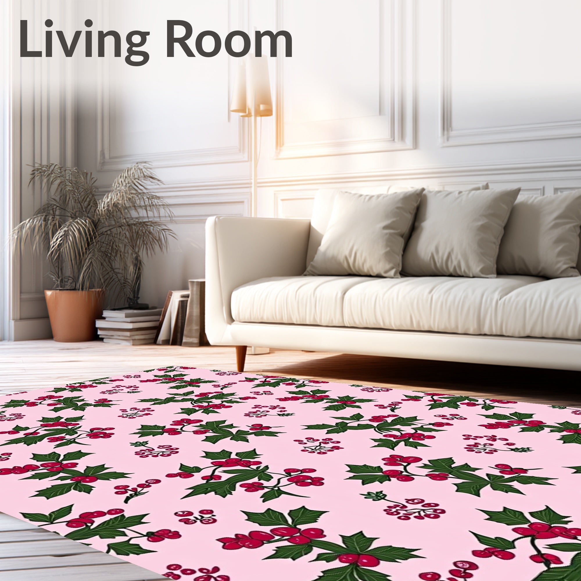 Festive Pink Holly Berry Sprigs Rug