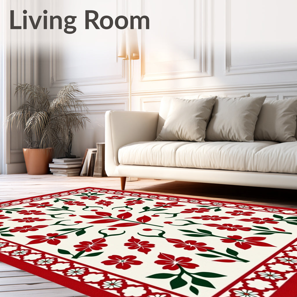 Red White Floral Border Arrangement Rug