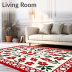 Red White Floral Border Arrangement Rug