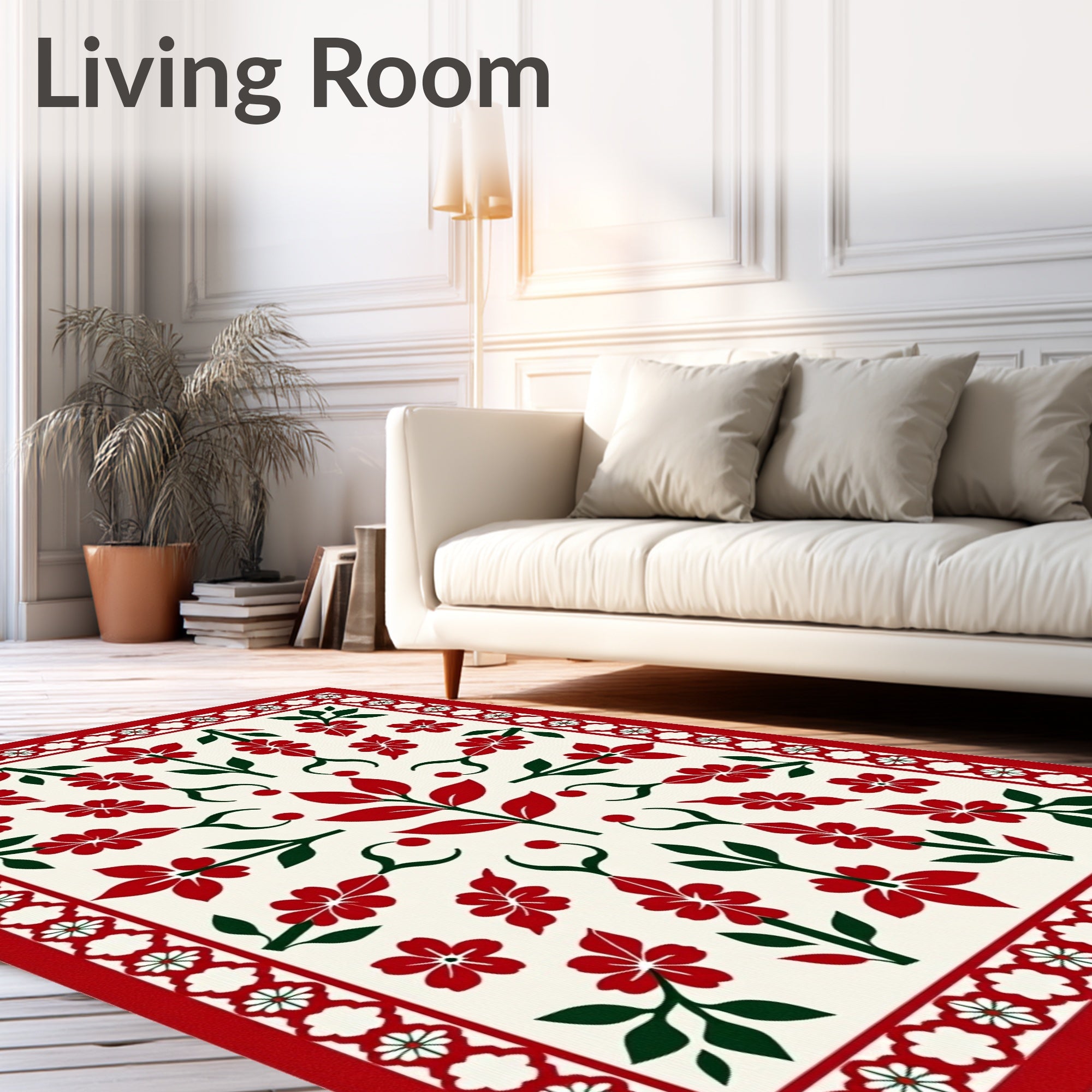 Red White Floral Border Arrangement Rug