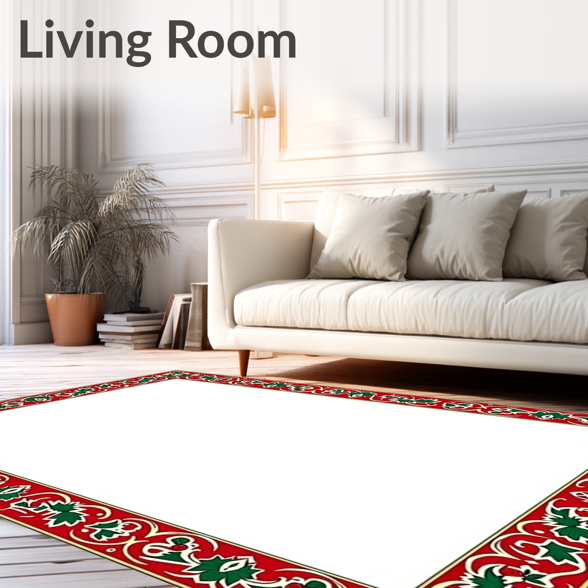 Crimson Green Leaf Scroll Border Rug