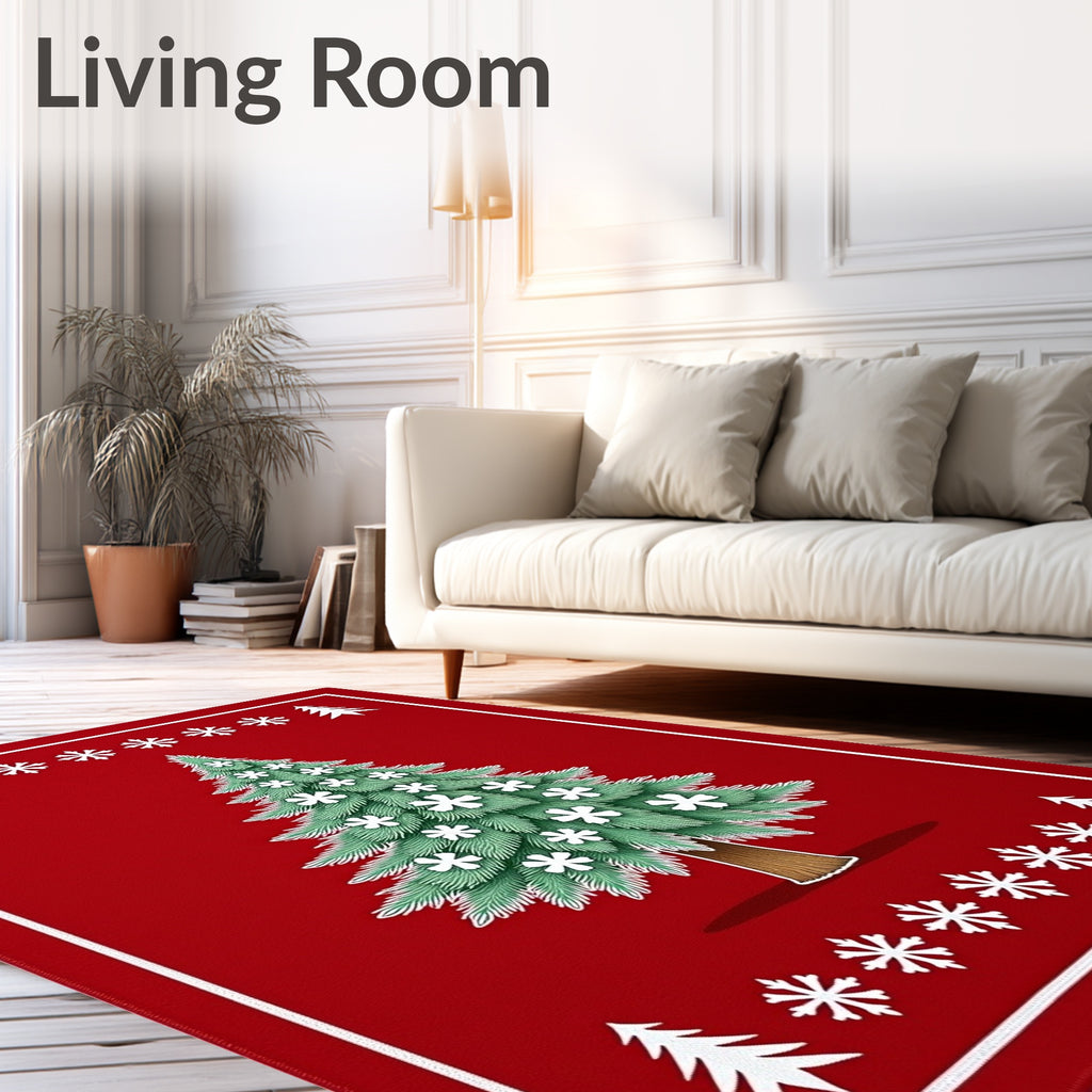 Red Christmas Tree Snowflake Border Rug