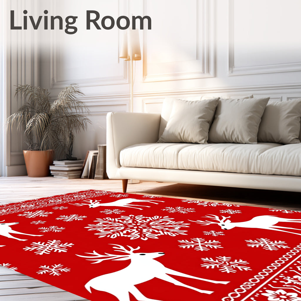 Bold Red White Reindeer Snowflake Festive Rug