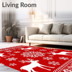 Bold Red White Reindeer Snowflake Festive Rug