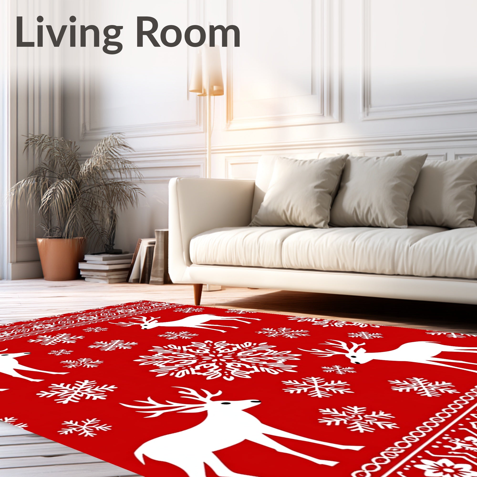 Bold Red White Reindeer Snowflake Festive Rug