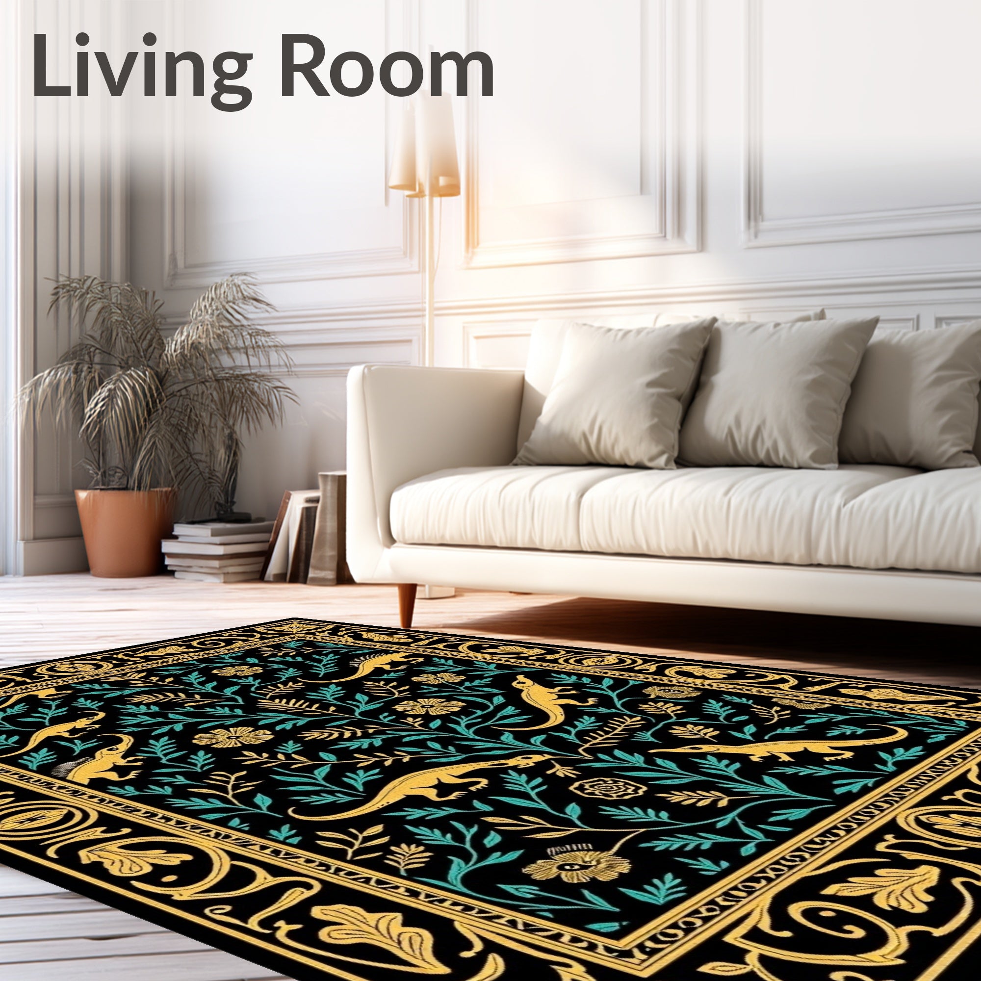 Golden Lizards Teal Foliage Bordered Rug