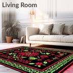 Bold Black Red Lime Floral Medallion Rug