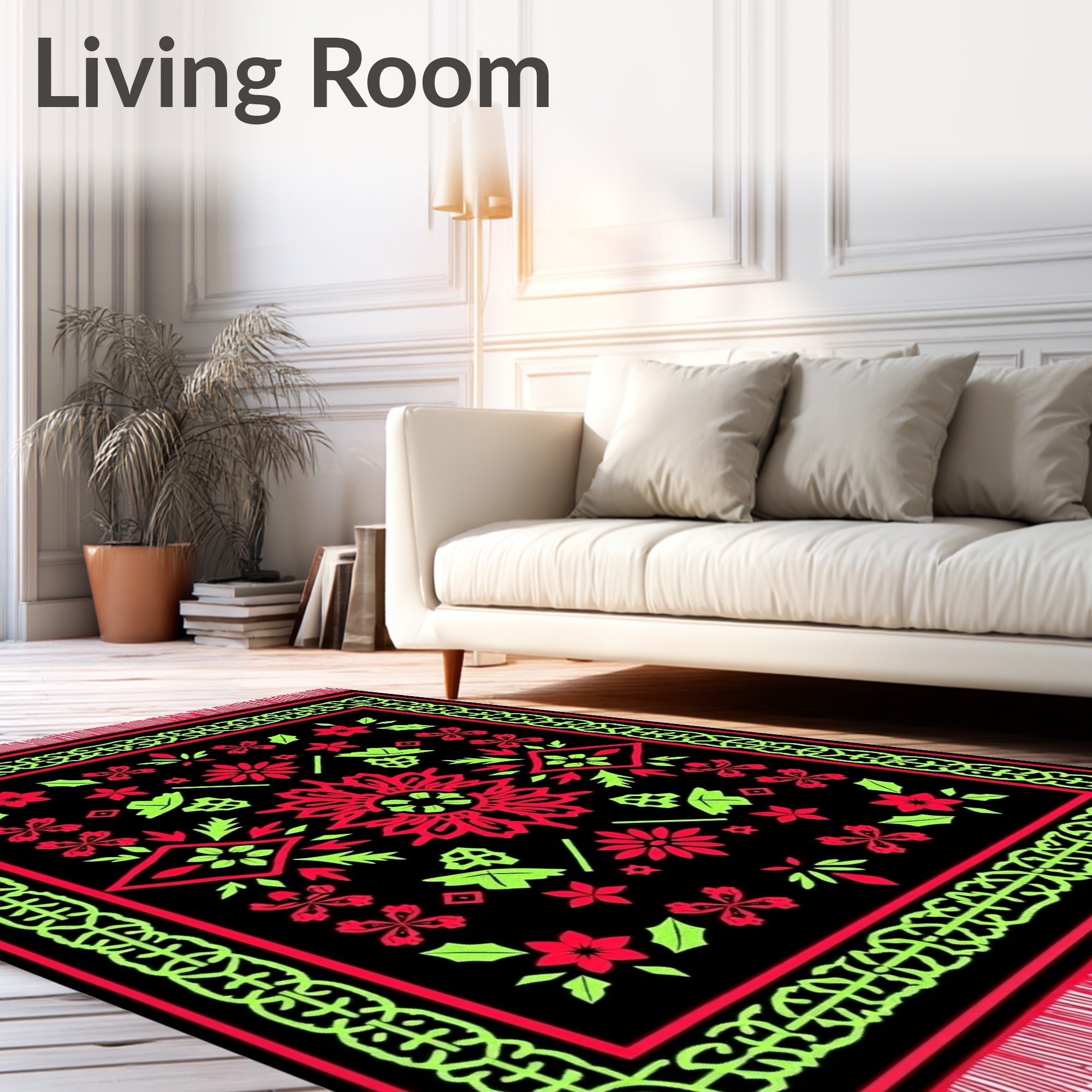 Bold Black Red Lime Floral Medallion Rug