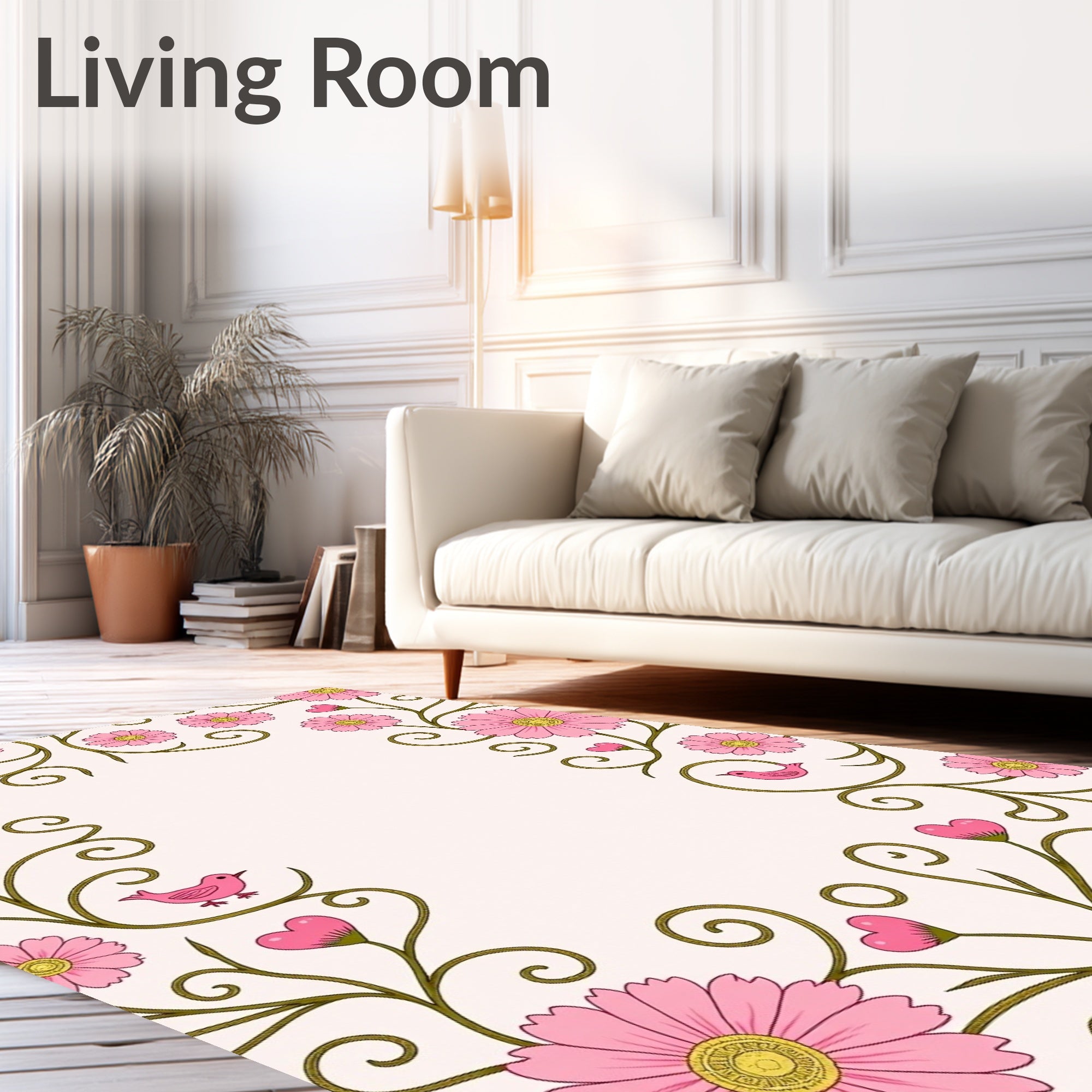 Pink Blossom Vine Bird Border Rug