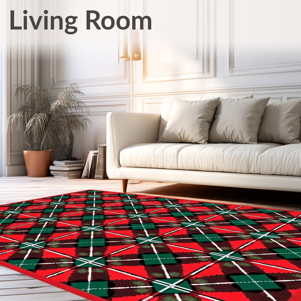 Festive Red Green Plaid Squares Rug