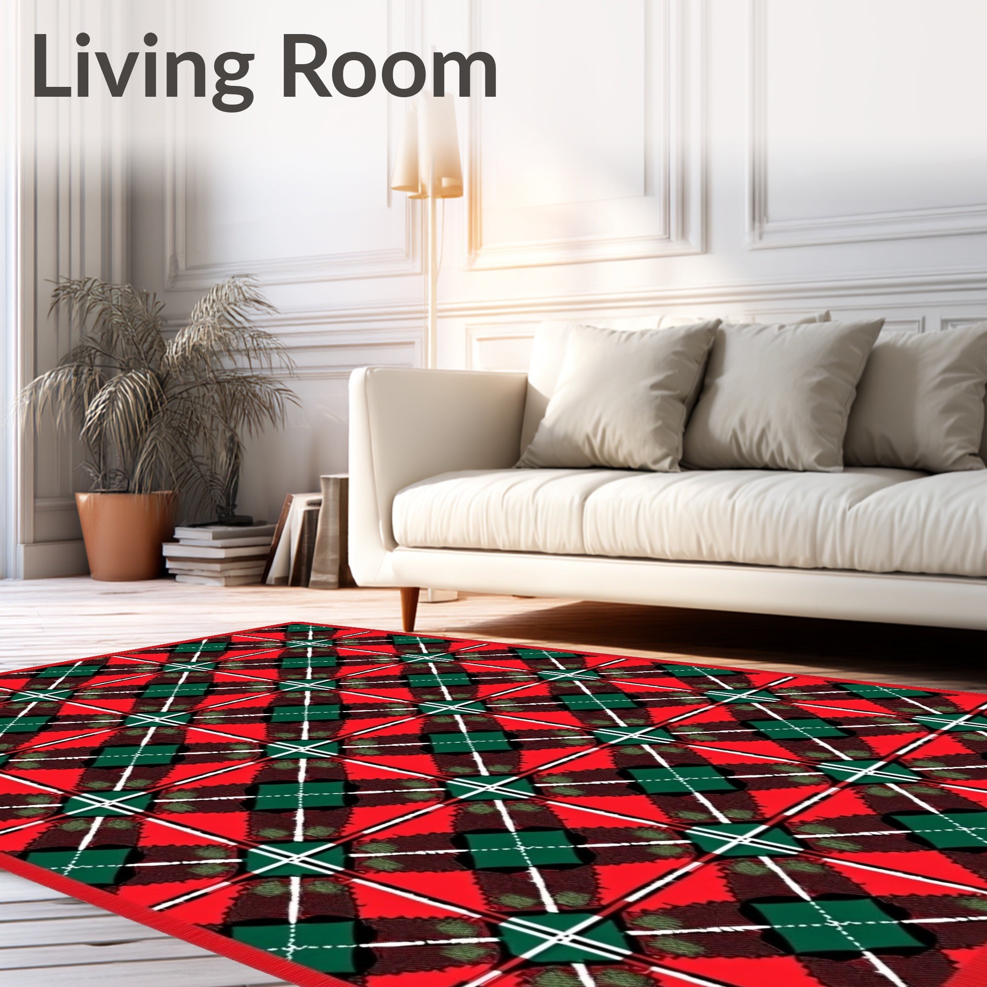 Festive Red Green Plaid Squares Rug