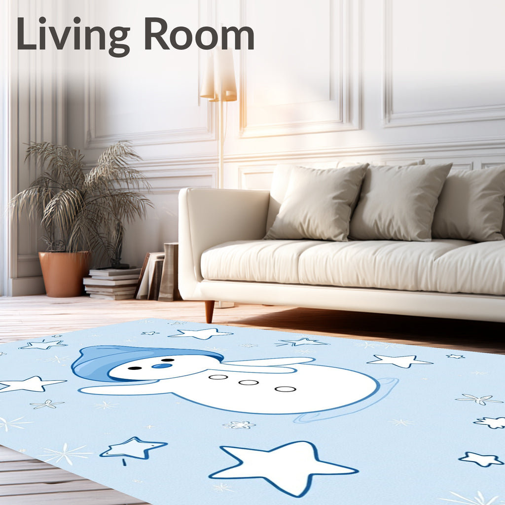 Blue Snowman Waving Amongst Stars And Snowflakes Rug