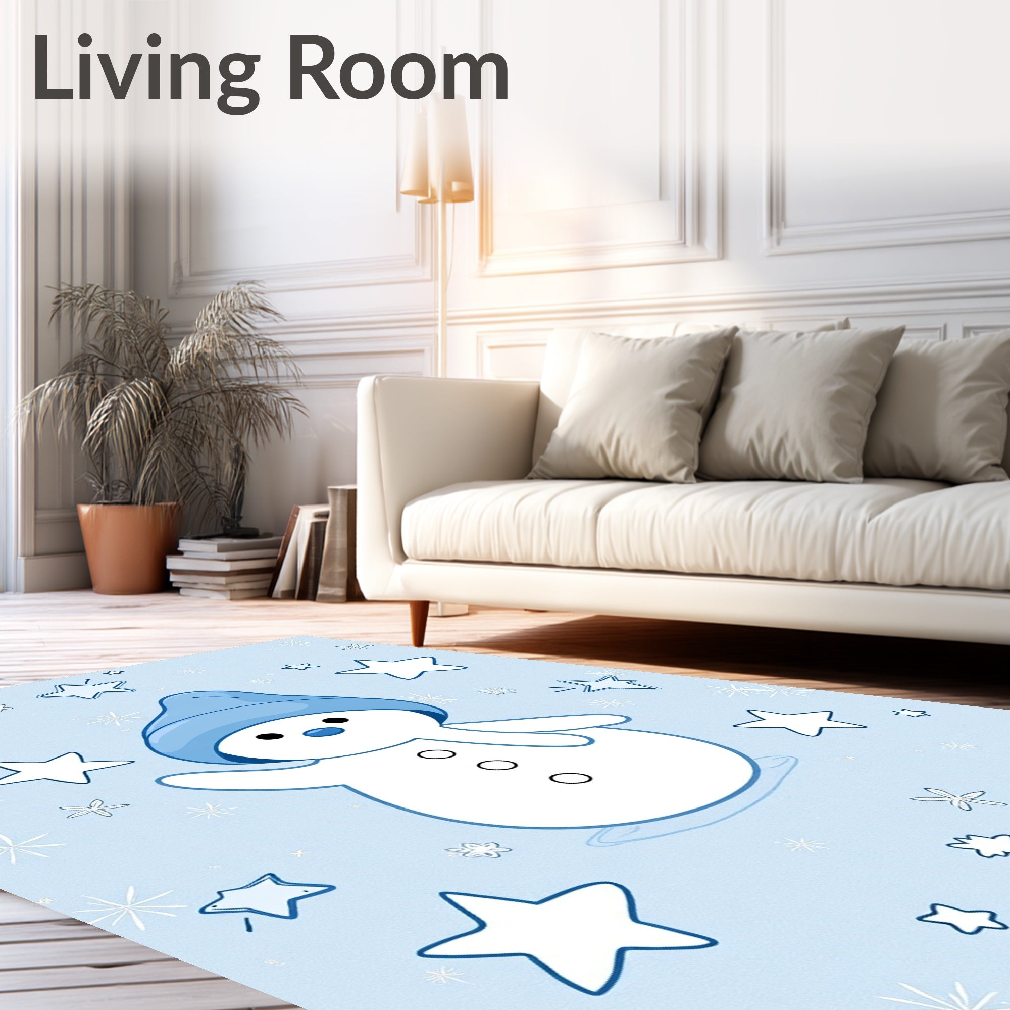 Blue Snowman Waving Amongst Stars And Snowflakes Rug