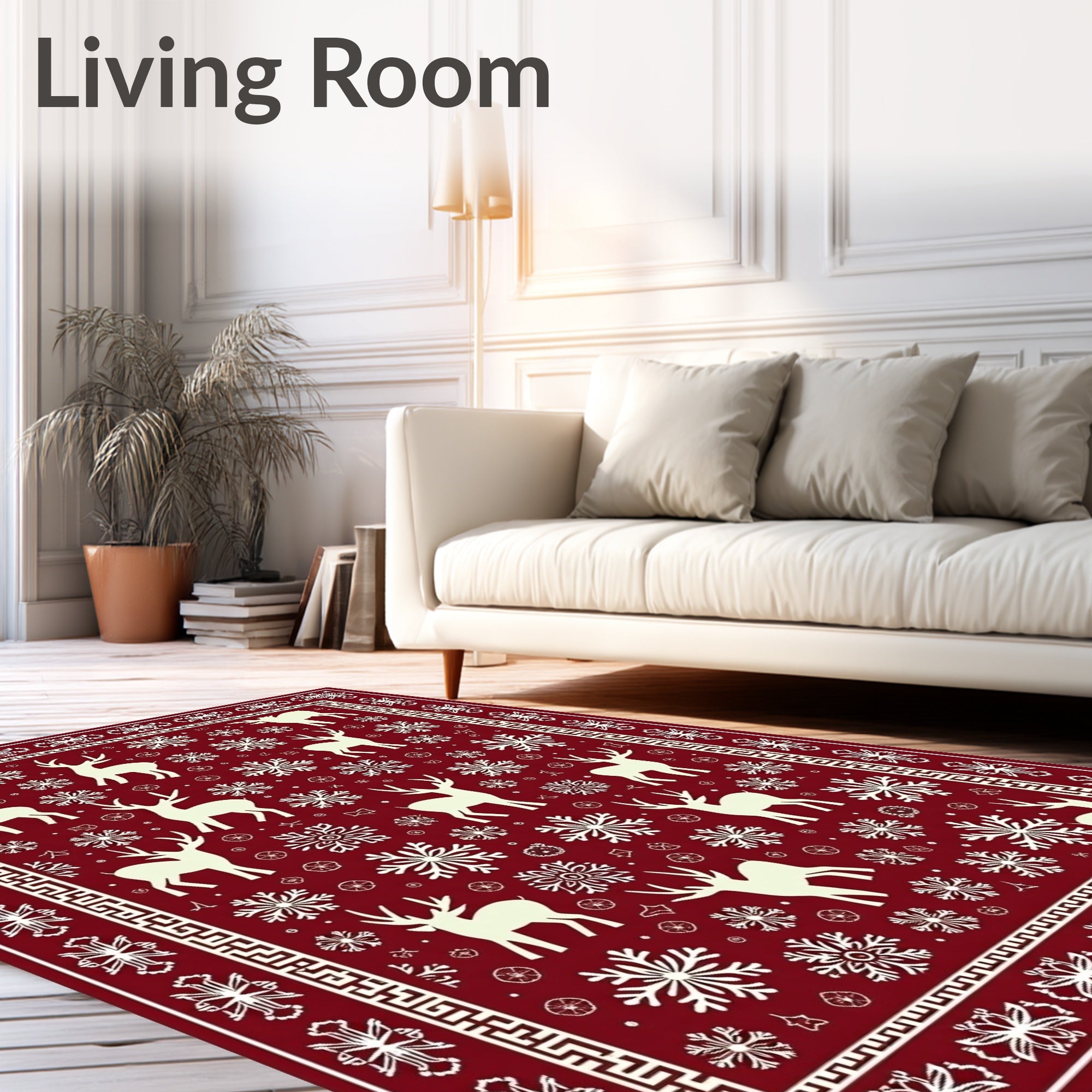 Red Cream Reindeer Snowflake Medallion Rug