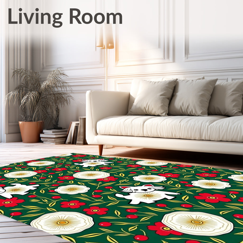 Whimsical White Dog Red Floral Garden Rug