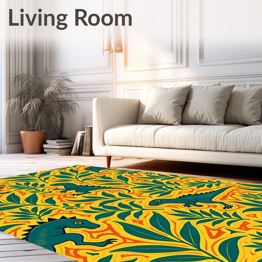 Yellow Green Dinosaur Floral Arrangement Rug