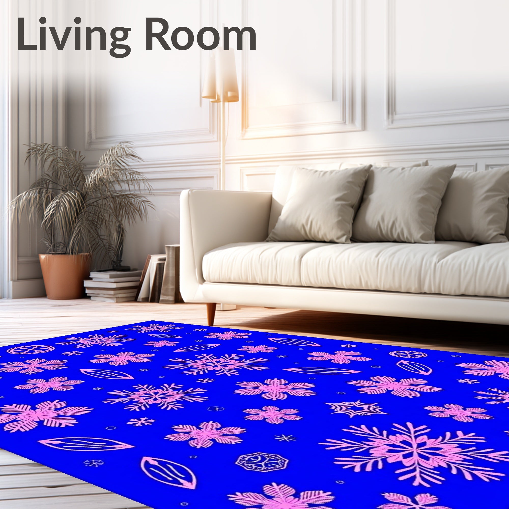 Pink Snowflake Scatter Blue Field Rug