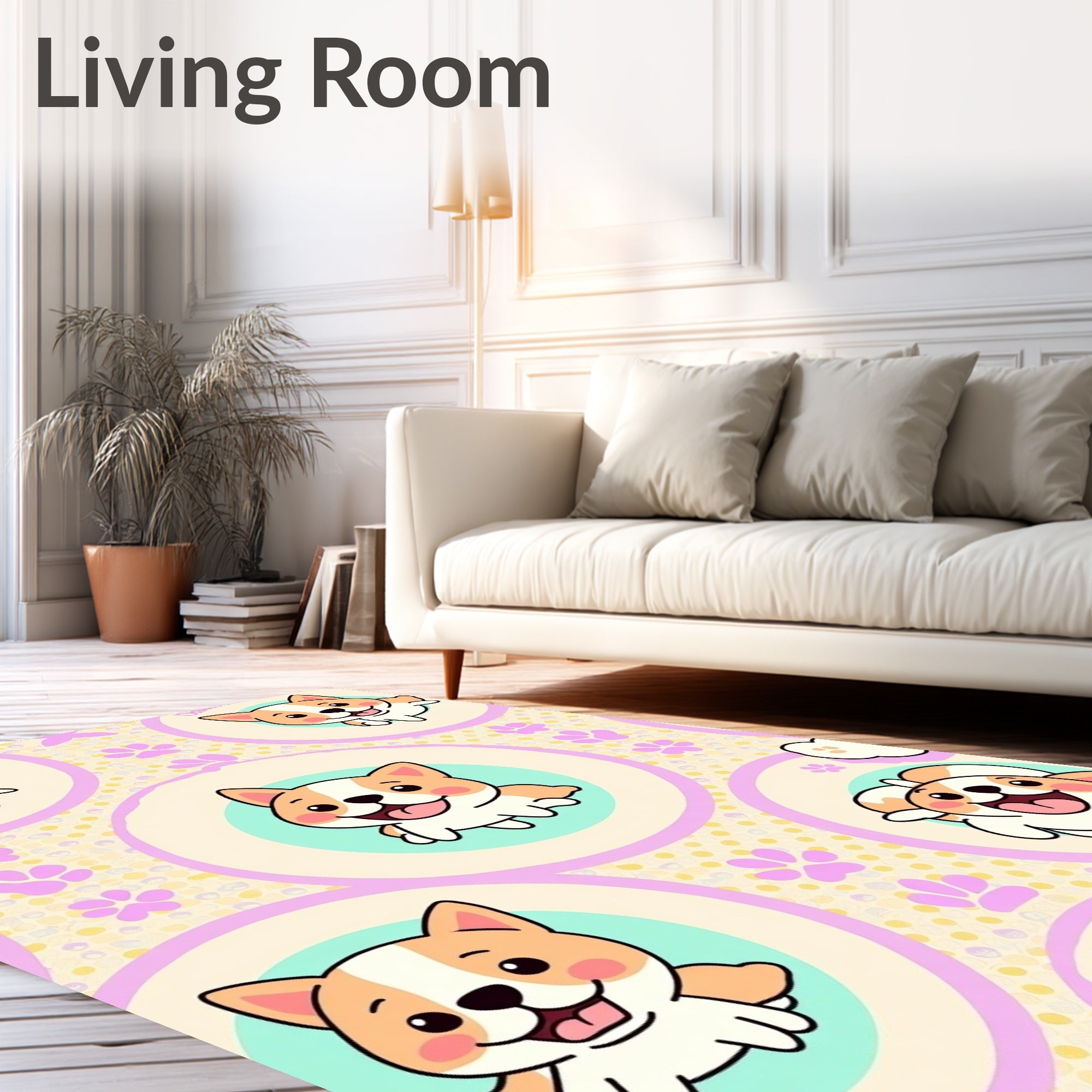 Whimsical Corgi Circles Paw Print Pastel Rug