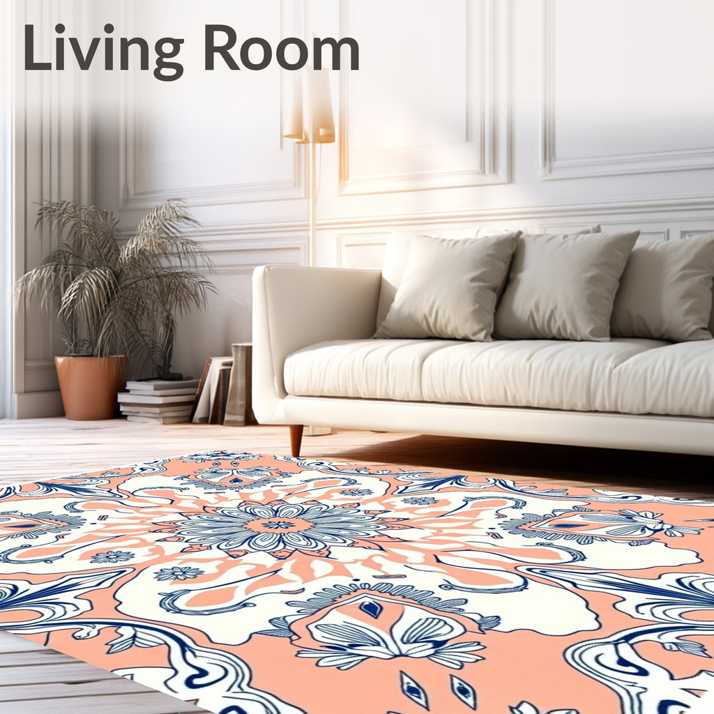 Coral Blue White Medallion Mandala Rug