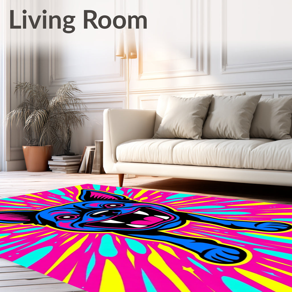 Vibrant Blue Grinning Dog Burst Rug