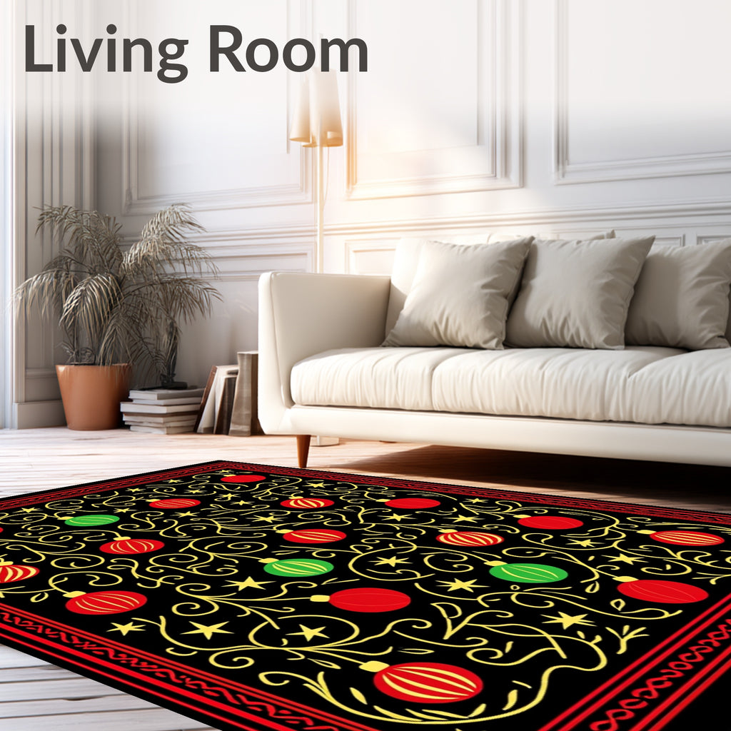Red Green Ornament Swirl With Stars Rug