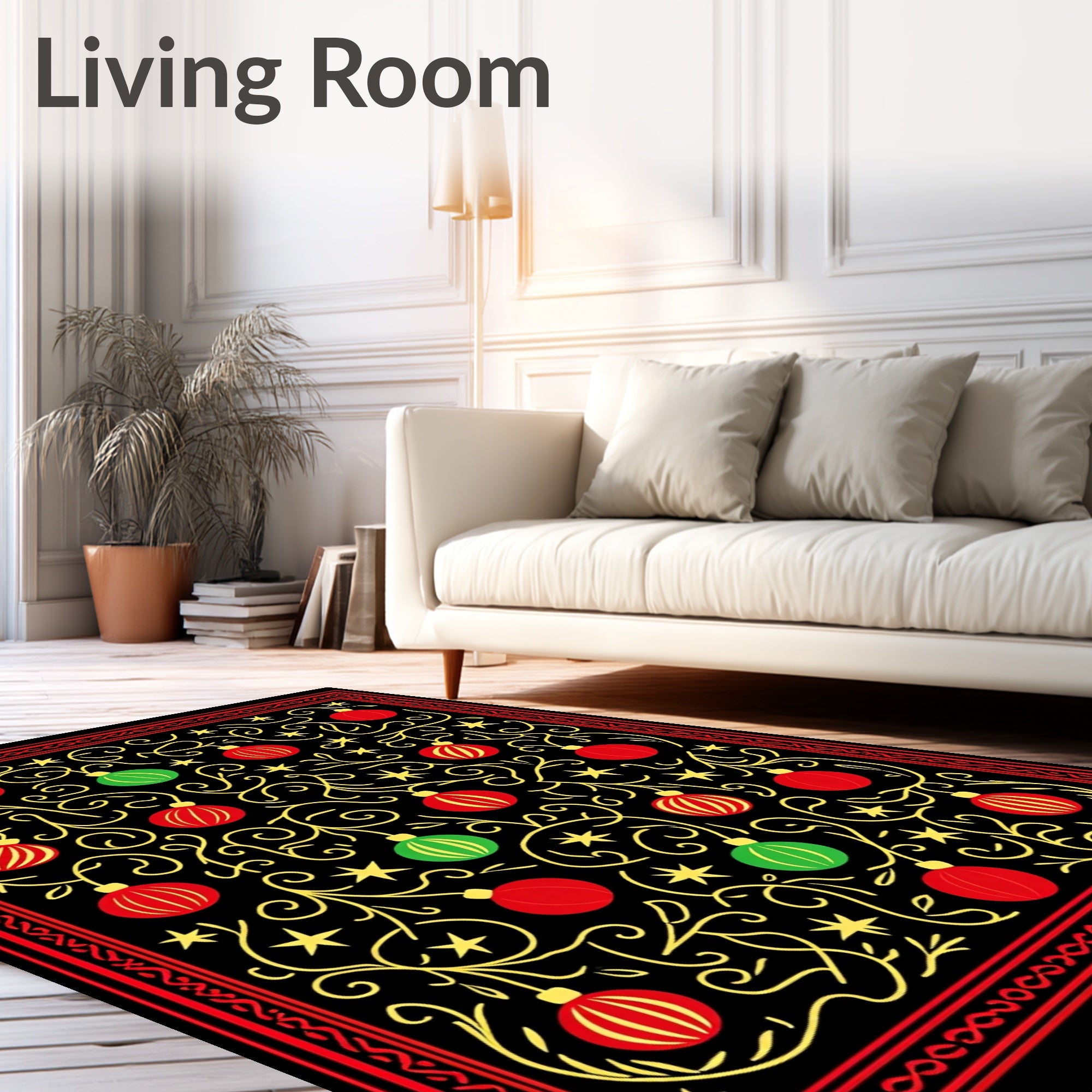 Red Green Ornament Swirl With Stars Rug