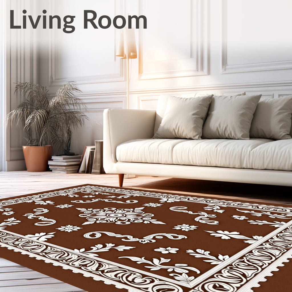 Rich Brown White Ornate Floral Medallion Rug