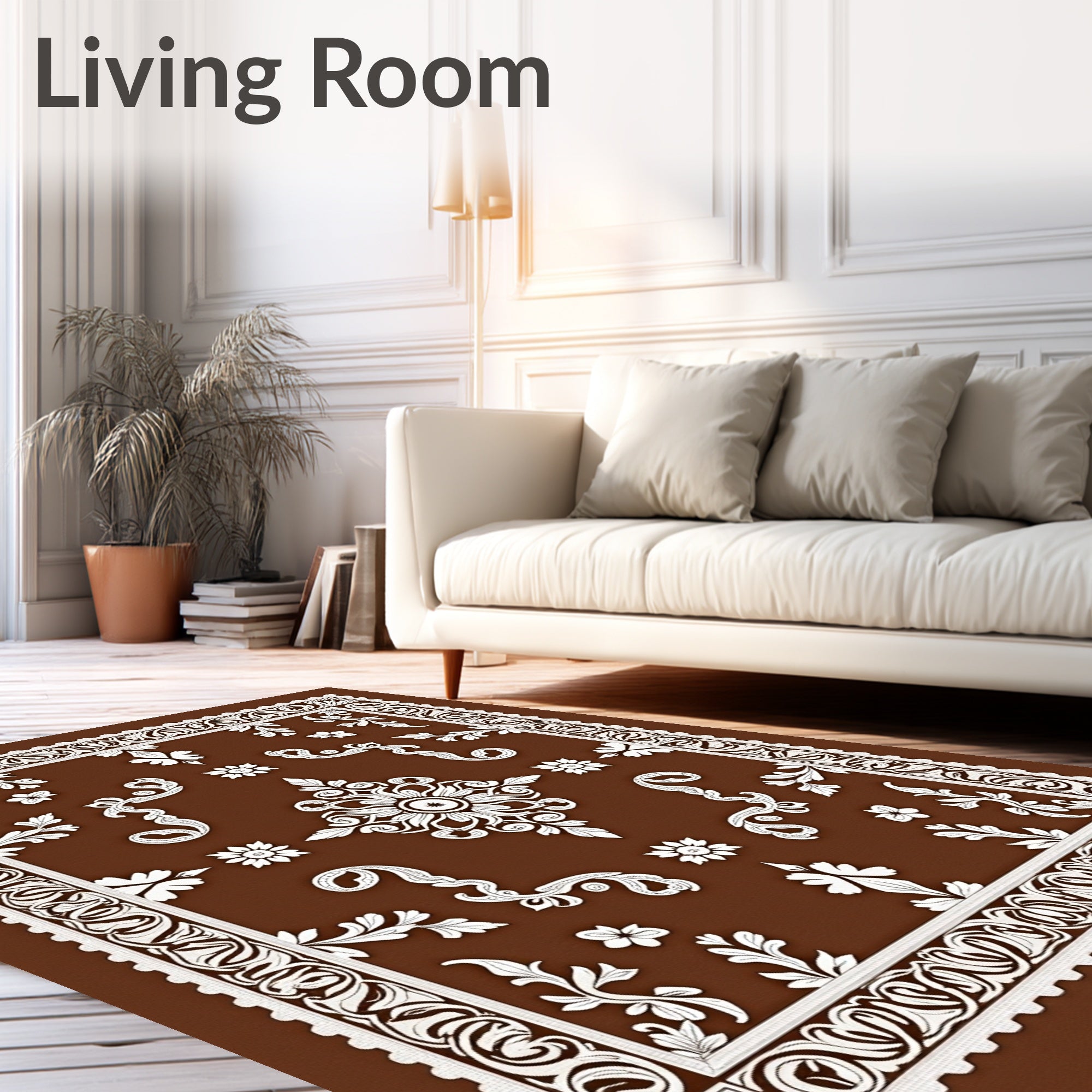 Rich Brown White Ornate Floral Medallion Rug