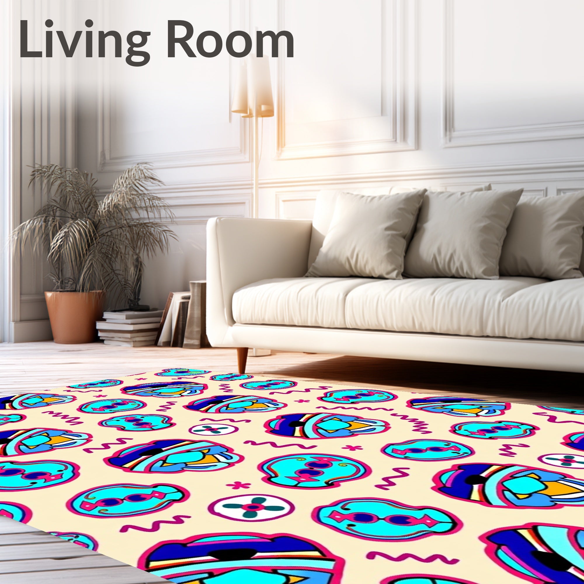Abstract Blue Yellow Pink Figures Rug