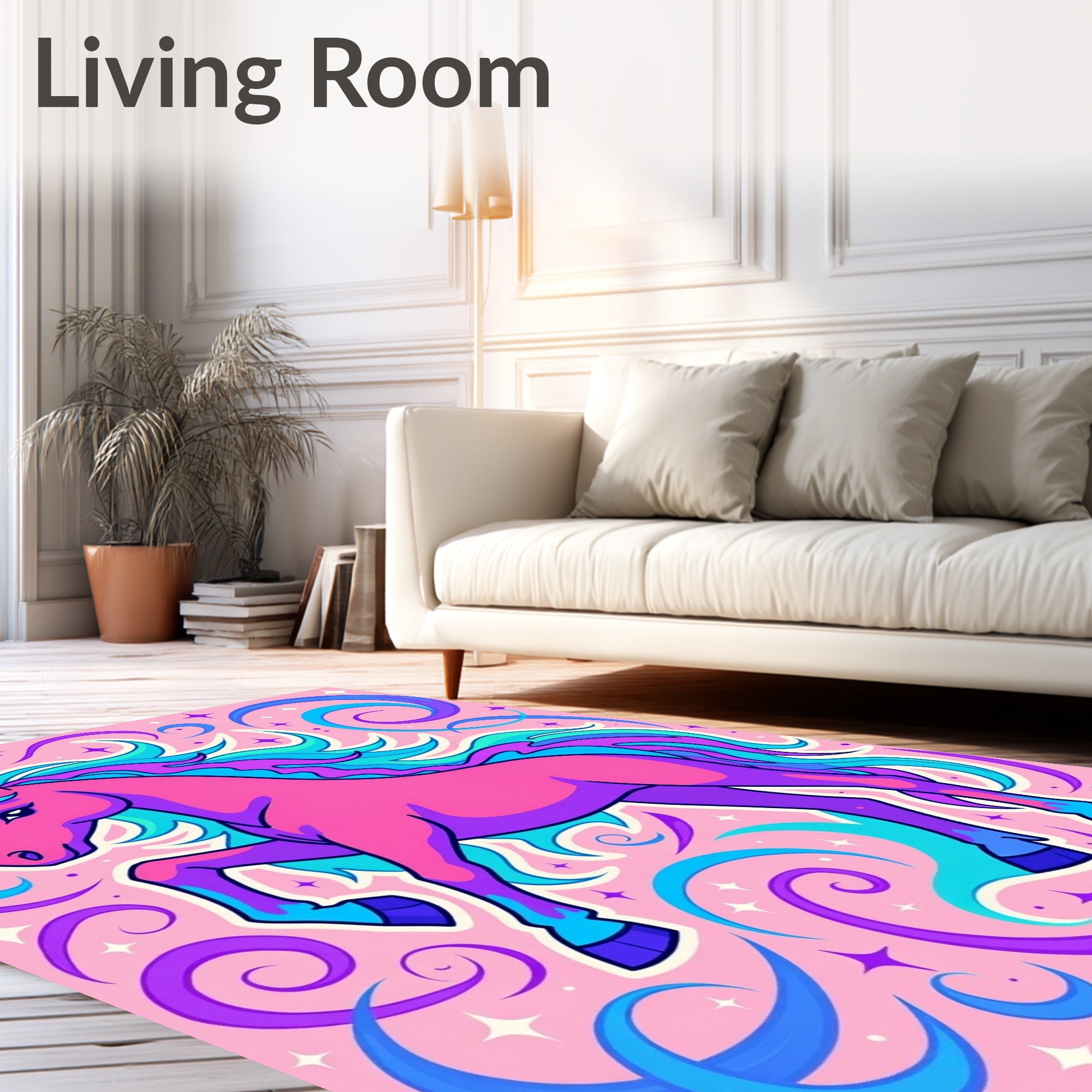 Vibrant Pink Unicorn Swirls Stars Rug