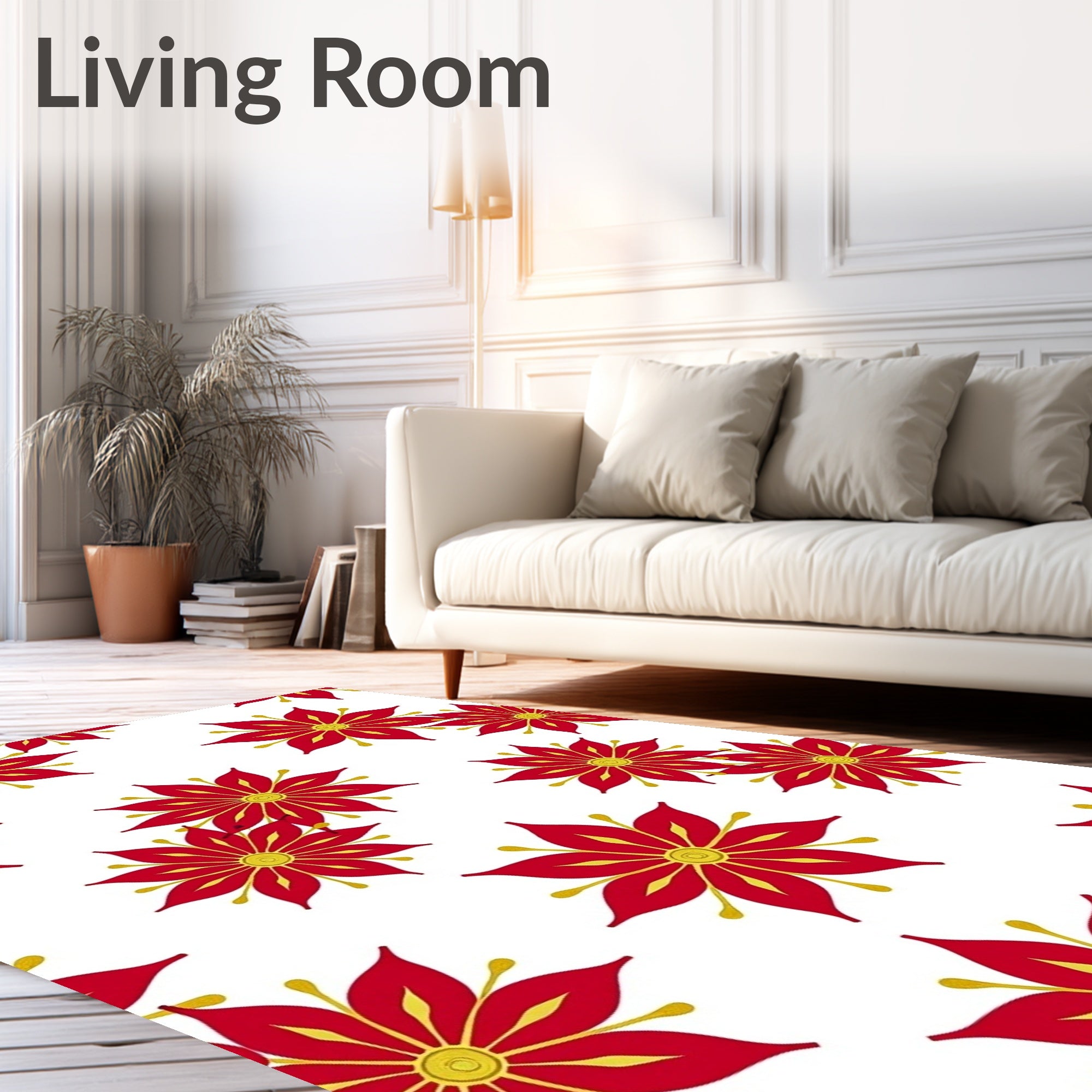 Vibrant Red Gold Floral Bloom Rug