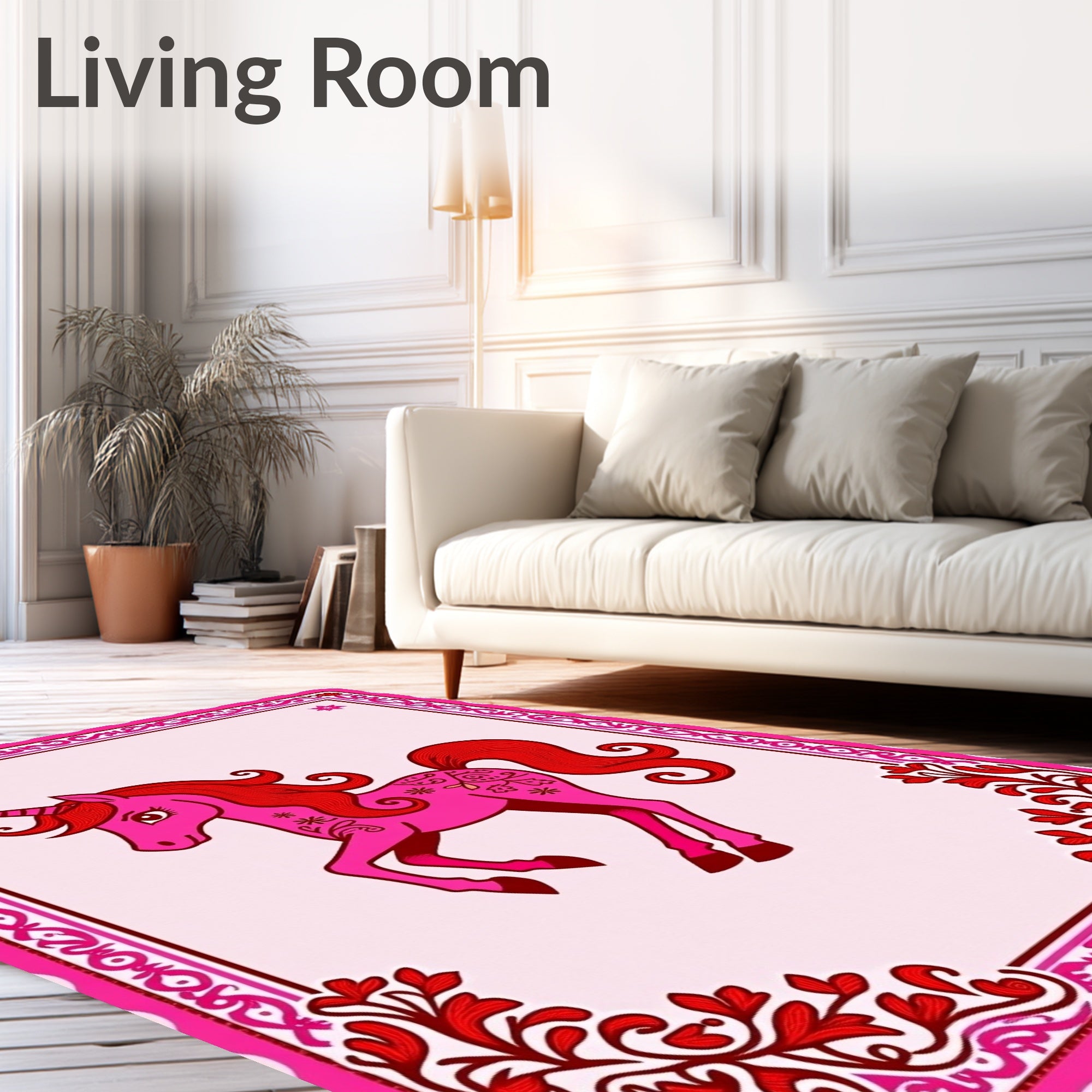 Pink Unicorn With Red Floral Accents Rug