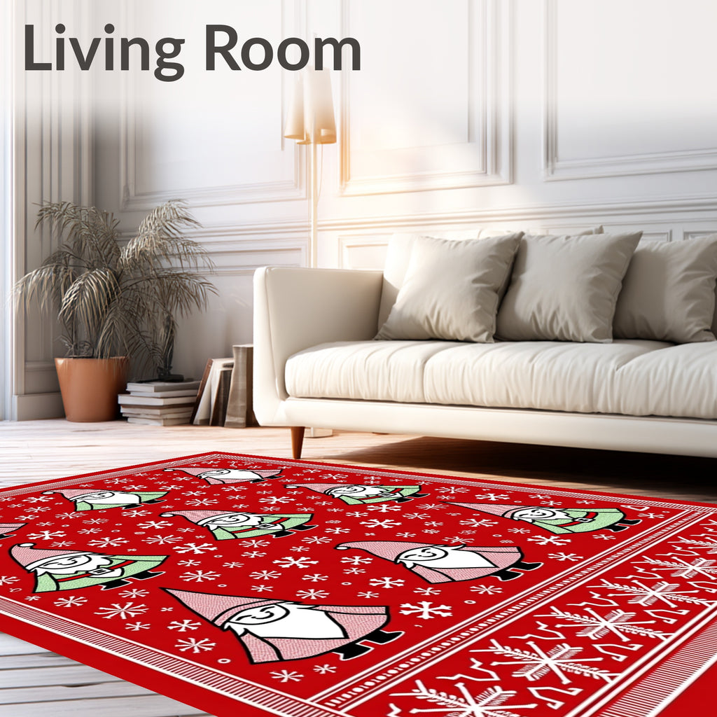 Red Holiday Gnomes Snowflake Border Rug