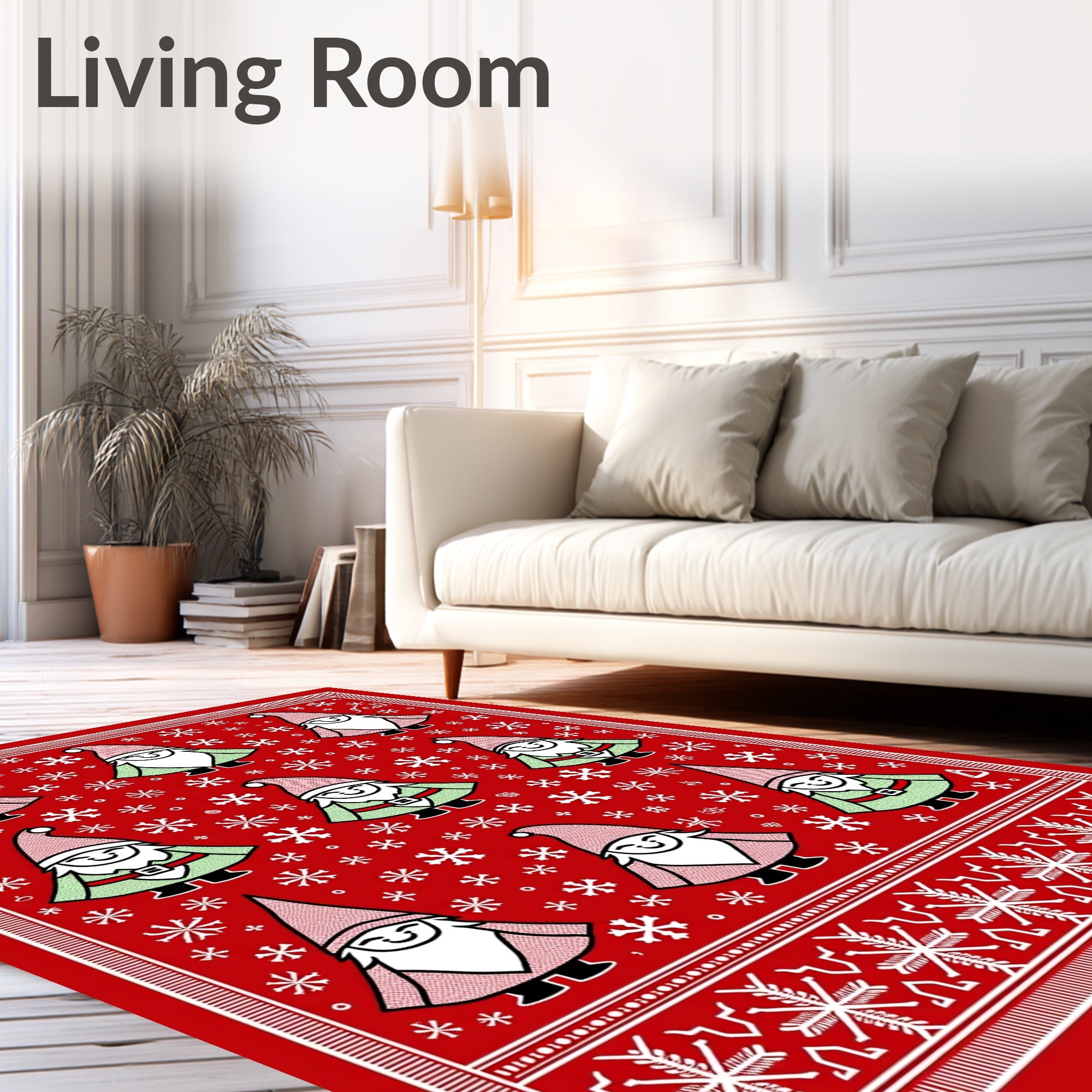 Red Holiday Gnomes Snowflake Border Rug