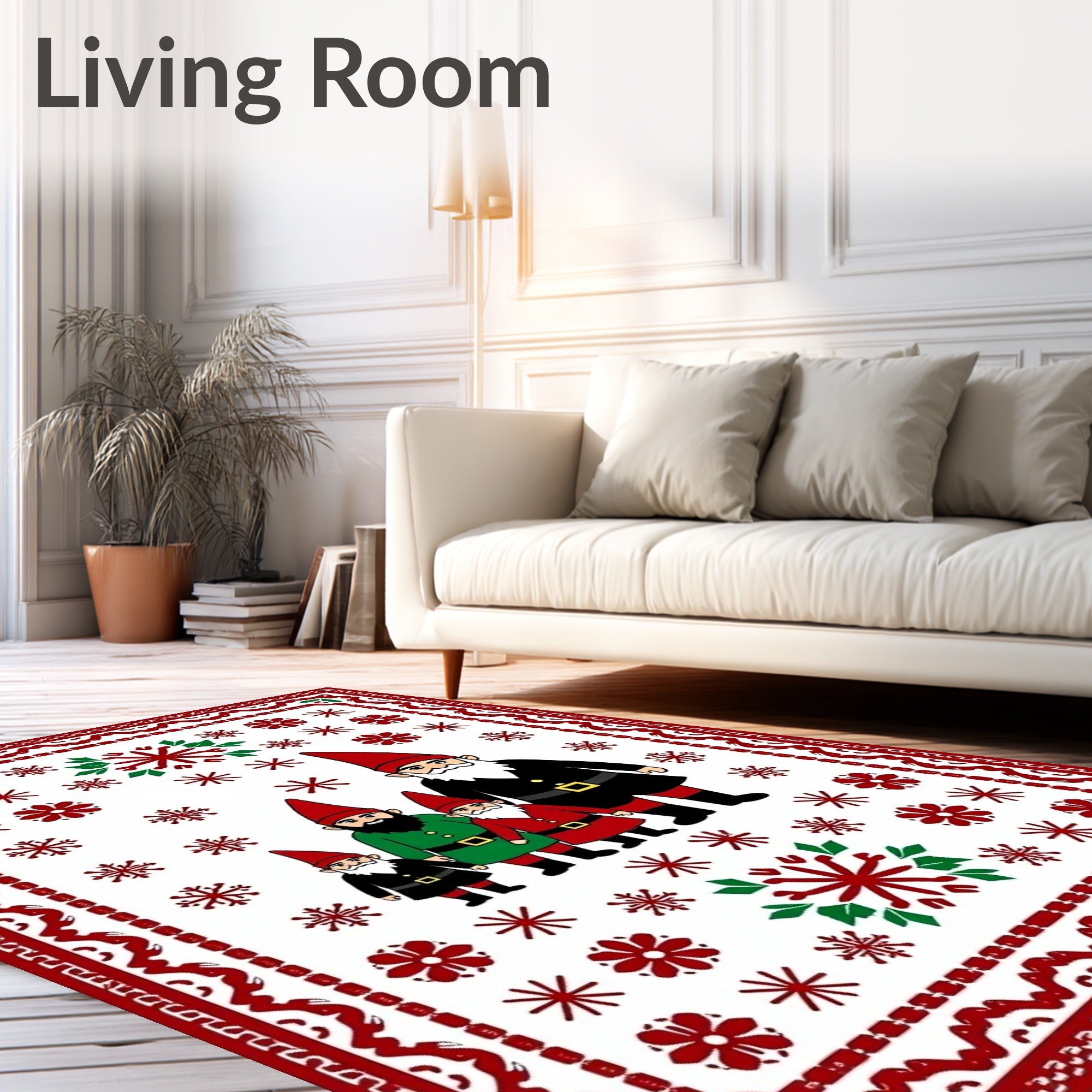 Whimsical Red Festive Gnome Family Snowflakes Rug