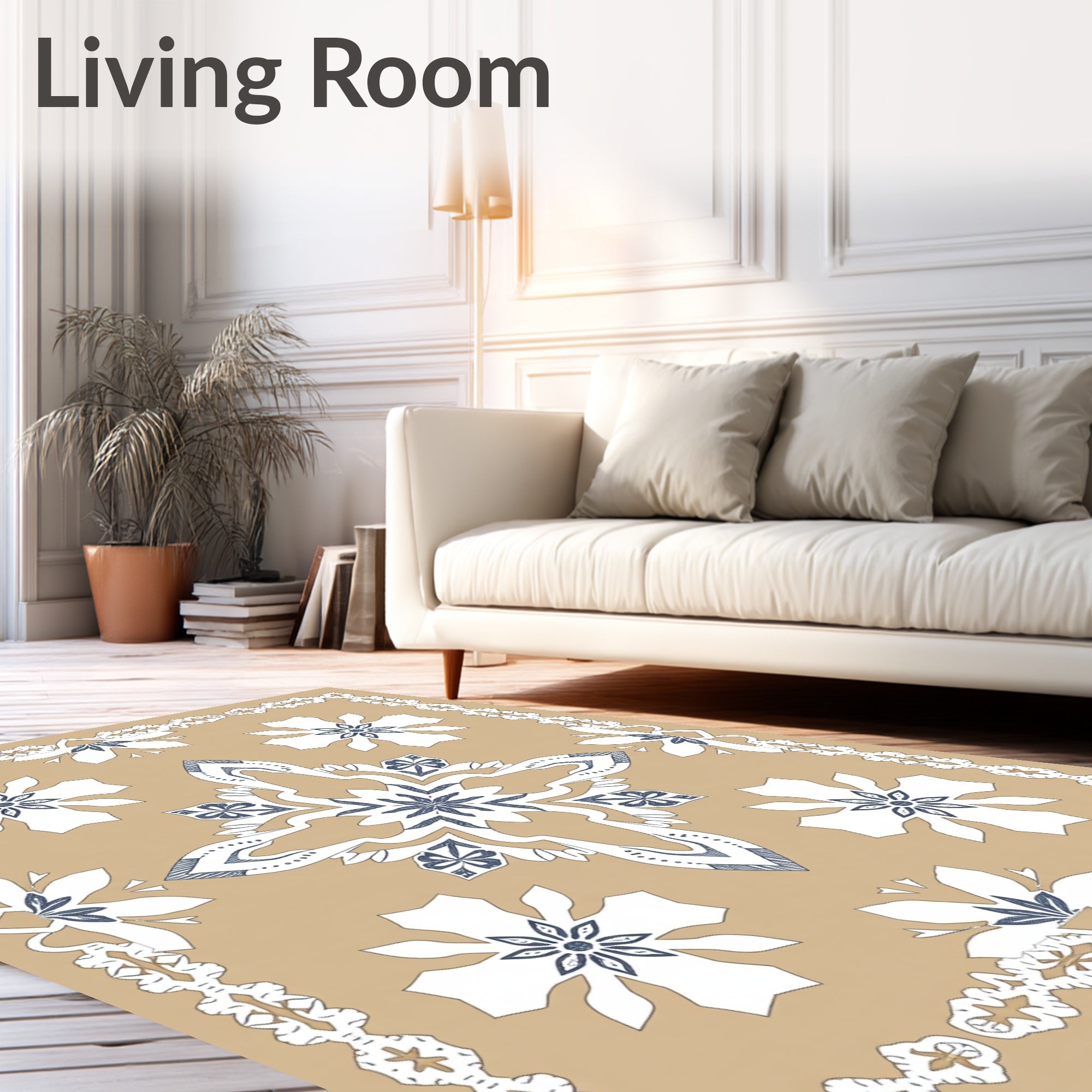 Tan Blue White Floral Medallion Tapestry Rug
