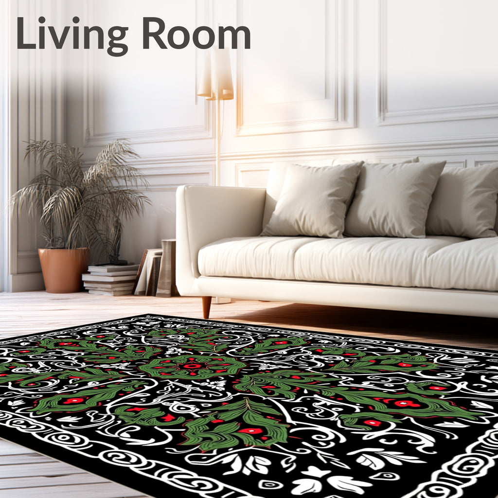 Green Red Foliage Black Ornamental Rug