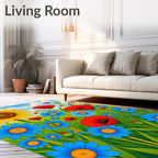 Sunny Sunflower Poppy Meadow Field Rug