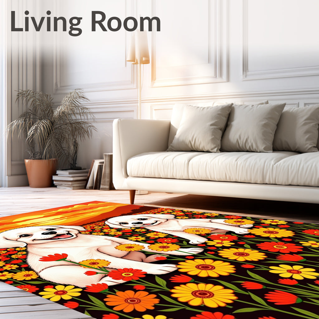 Whimsical Puppies Orange Sunset Field Rug