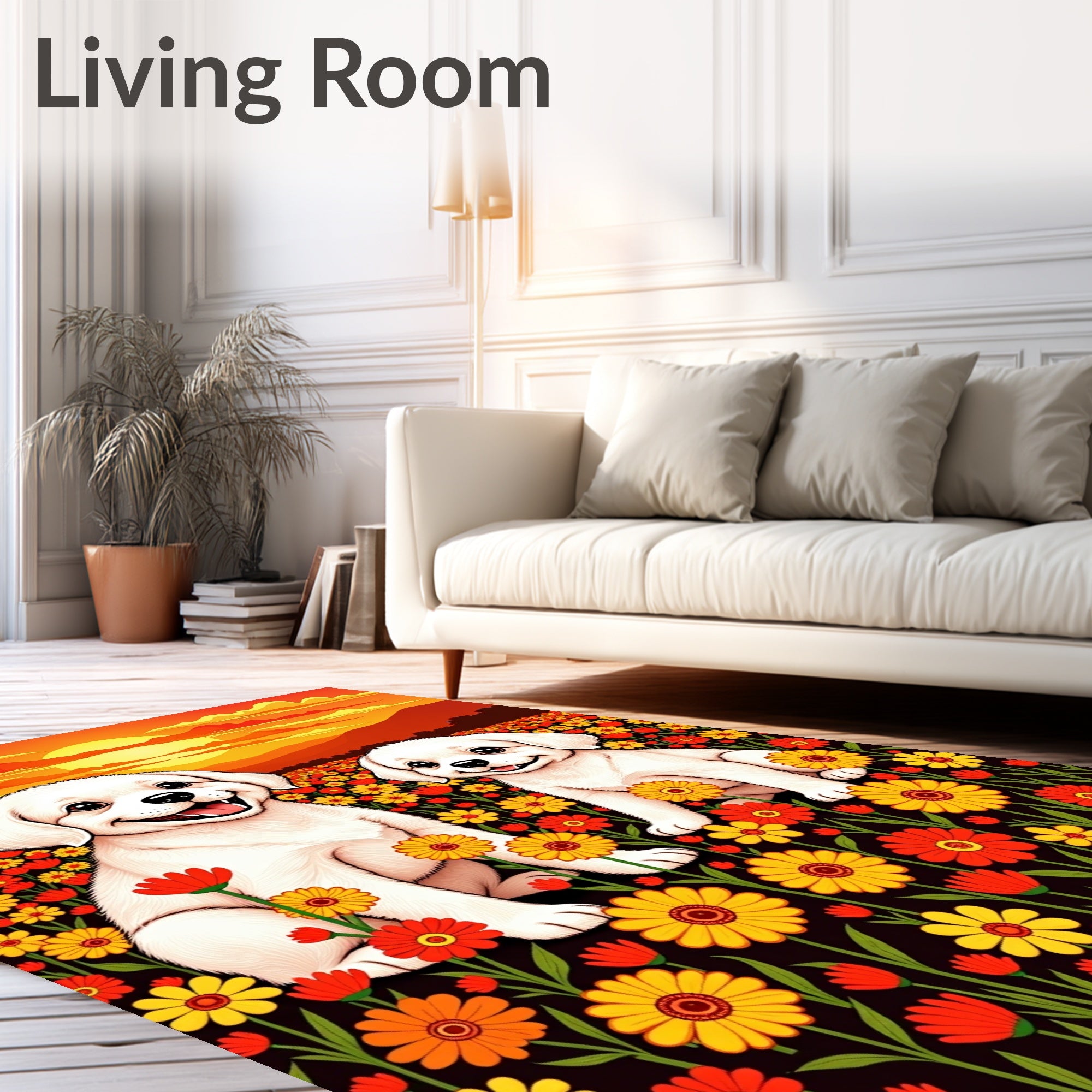 Whimsical Puppies Orange Sunset Field Rug