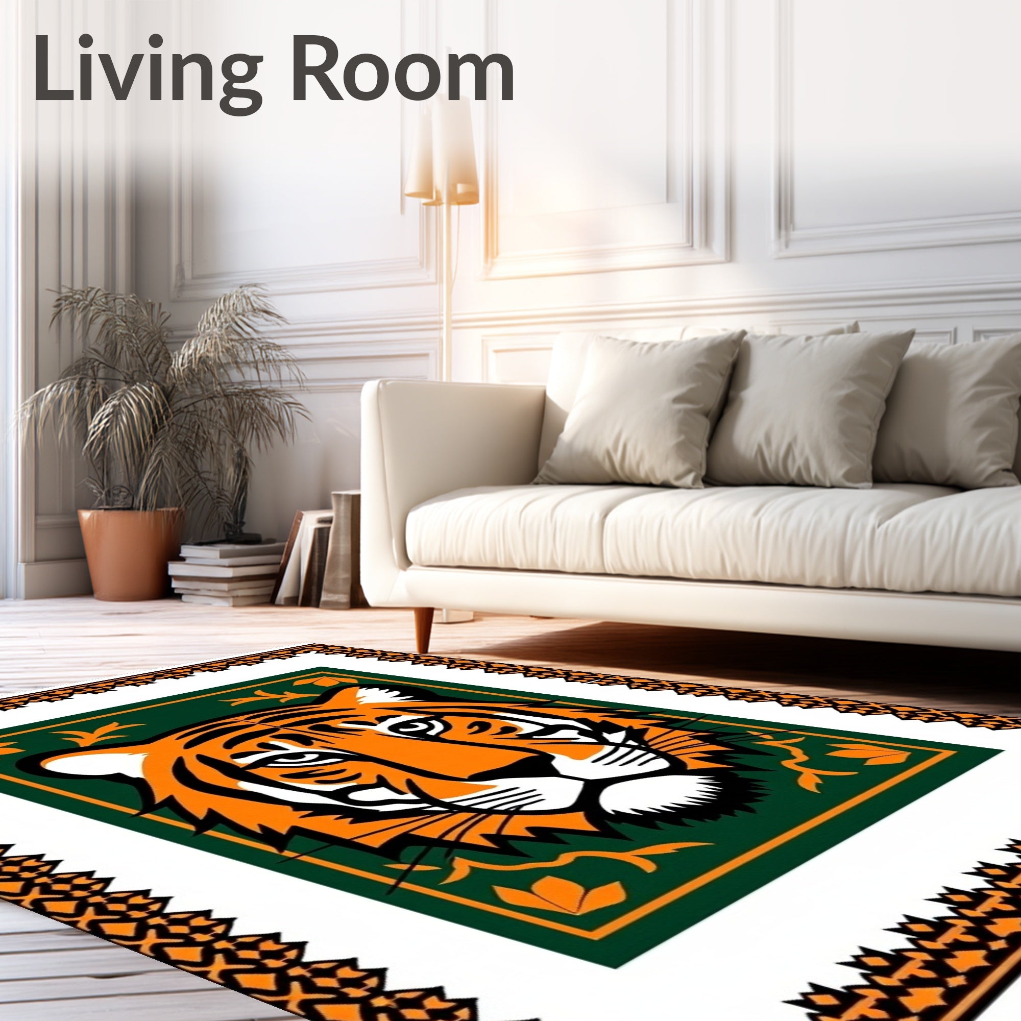 Bold Orange Tiger Emerald Green Border Rug